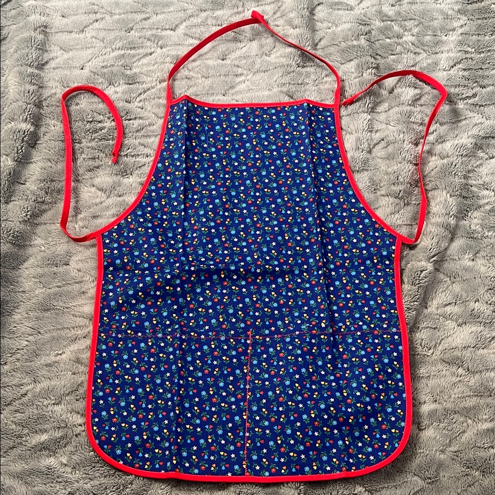 Kids Floral Blue Apron with Red Trim